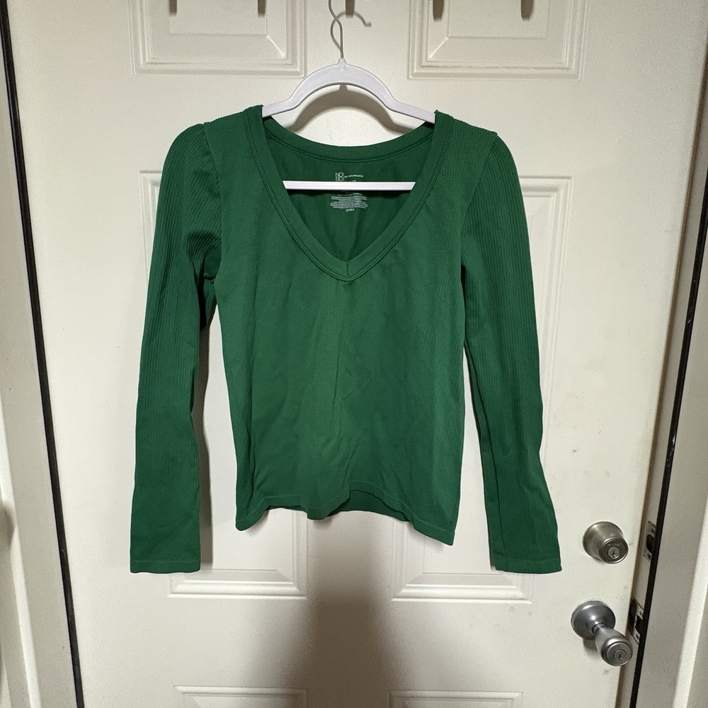 No Boundaries Green Ribbed V-Neck Long Sleeve Top Juniors XL (15-17)